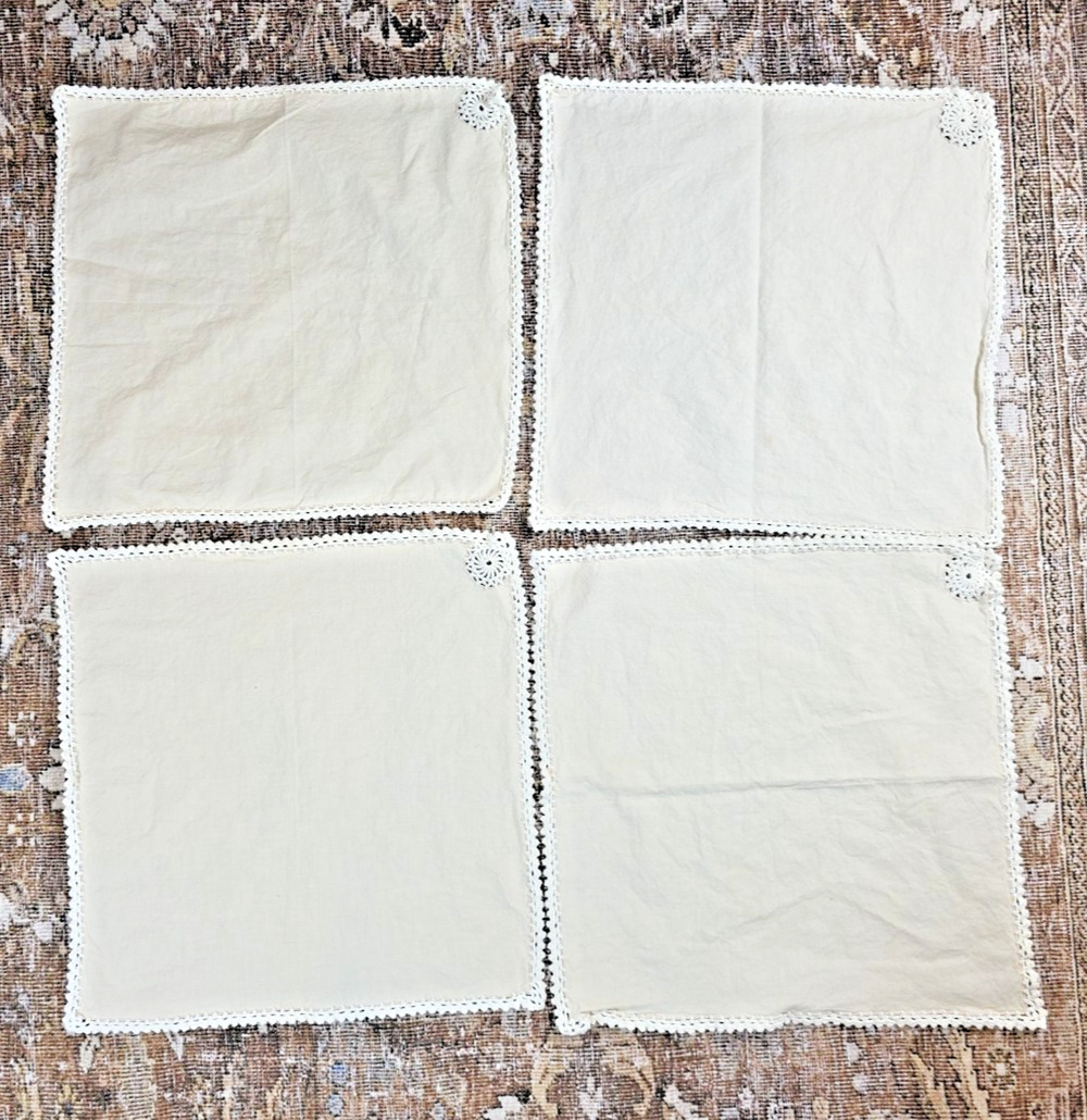 Set 10 VTG Ivory Cloth Napkins Crochet Embroidery 16x16 Cottagecore Farmhouse